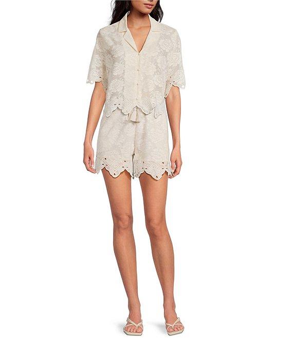 A Loves A Woven Embroidered Lace Notch Lapel Button Front Short Sleeve Scallop Trim Coordinating Shirt Product Image