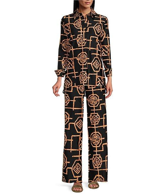 Jude Connally Hadley Bamboo Lattice Print Jude Cloth Knit Point Collar Long Split Roll Cuff Sleeve Coordinating Tunic Product Image