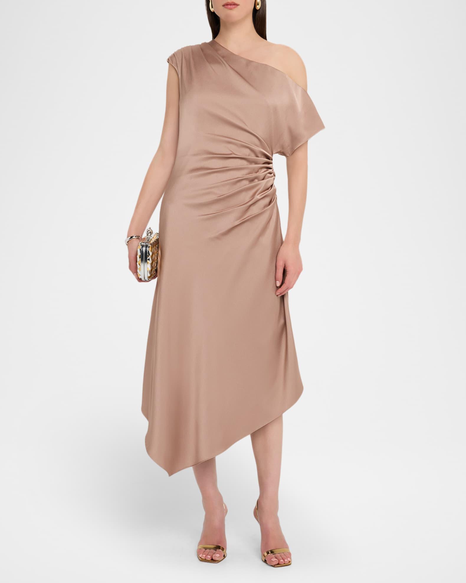 Draped One-Shoulder Crepe Back Satin Midi Dress Product Image