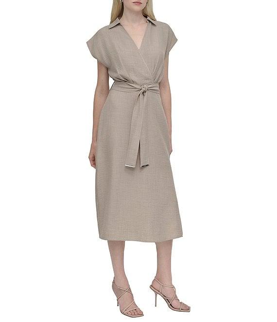 DKNY by Donna Karan V-Neck Collar Cap Sleeve Belted Midi Sheath Dress Product Image