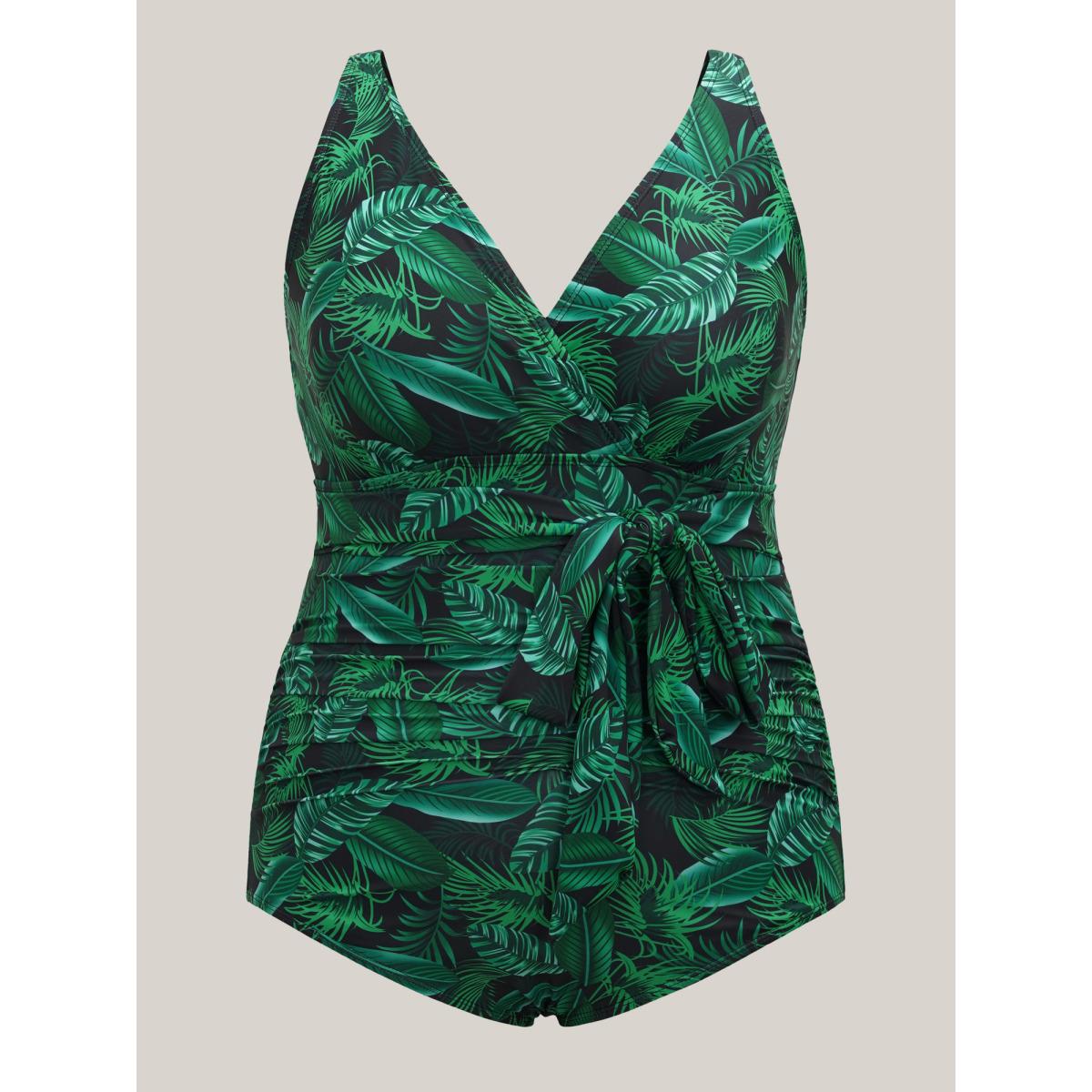 Plus Size Tropical Leaf Print One-Piece Swimsuit Women's Swimwear DarkGreen Beach Tie knot Curve Bathing Suits High stretch One Pieces BloomChic 26/4X Product Image