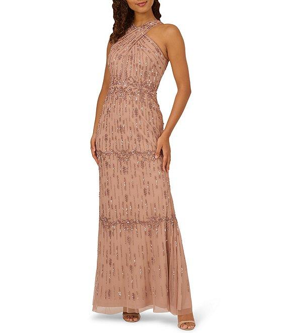 Adrianna Papell Criss Cross Halter Beaded Mesh Sheath Gown Product Image