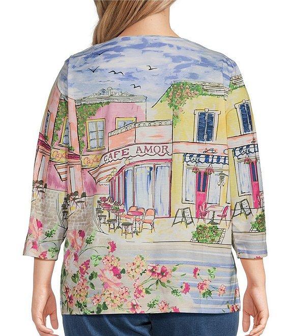 Allison Daley Plus Size Cafe Social Print 3/4 Sleeve Crew Neckline Knit Top Product Image