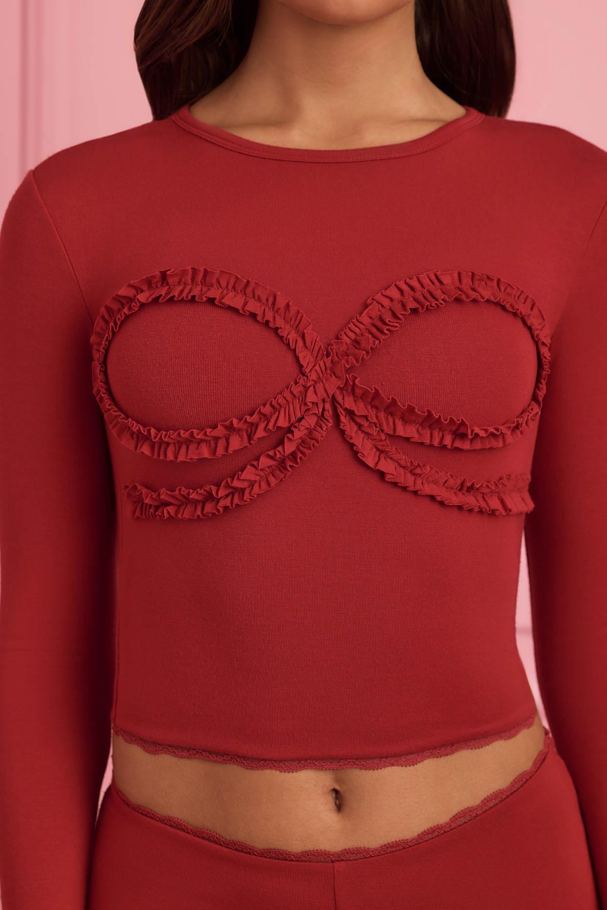 Lace-Trim Appliqué Pyjama Top in Ruby Red Product Image