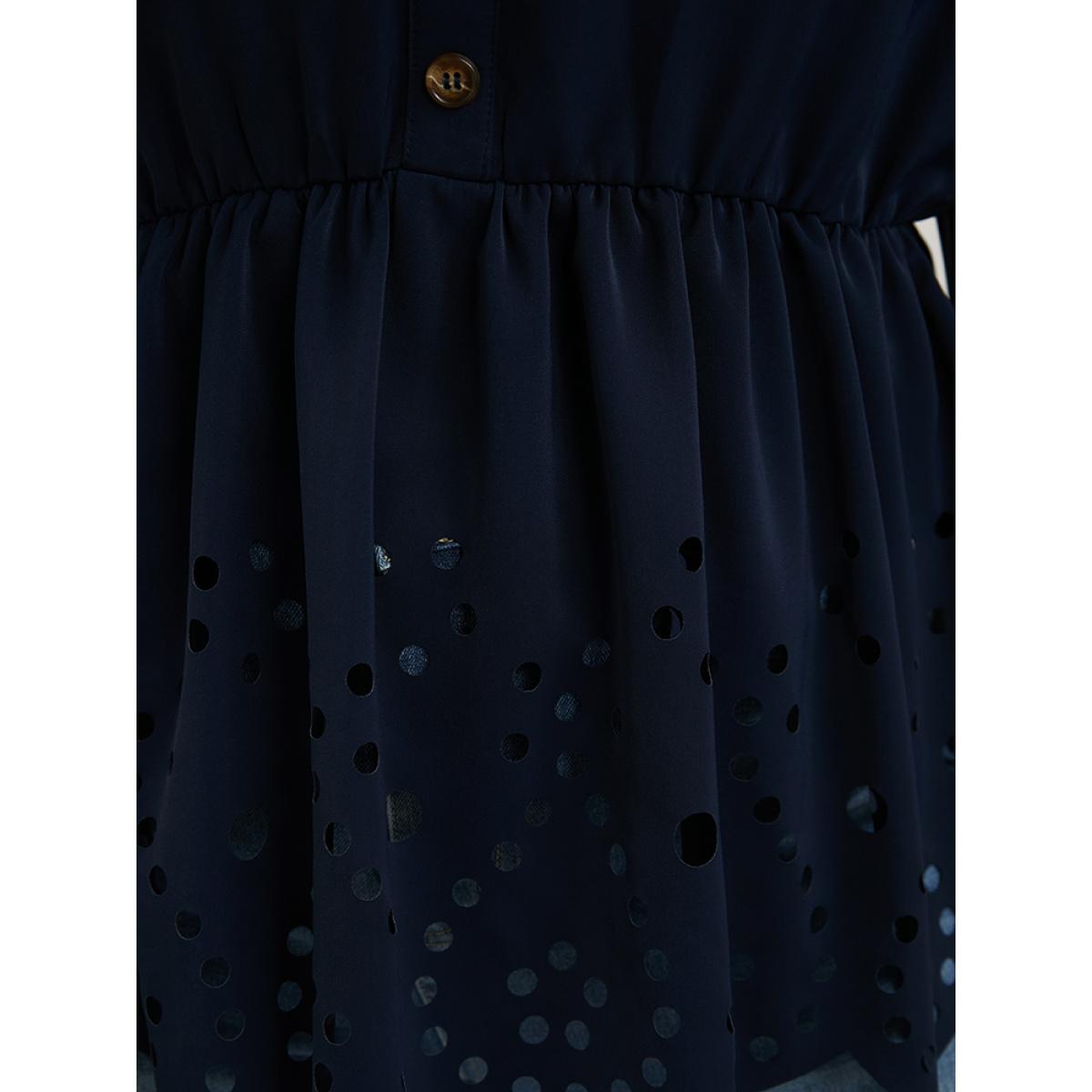Plus Size DarkBlue Solid Cut Out Ruffles Button Lantern Sleeve Blouse Women Office Elbow-length sleeve V-neck Office Blouses BloomChic 12/L Product Image