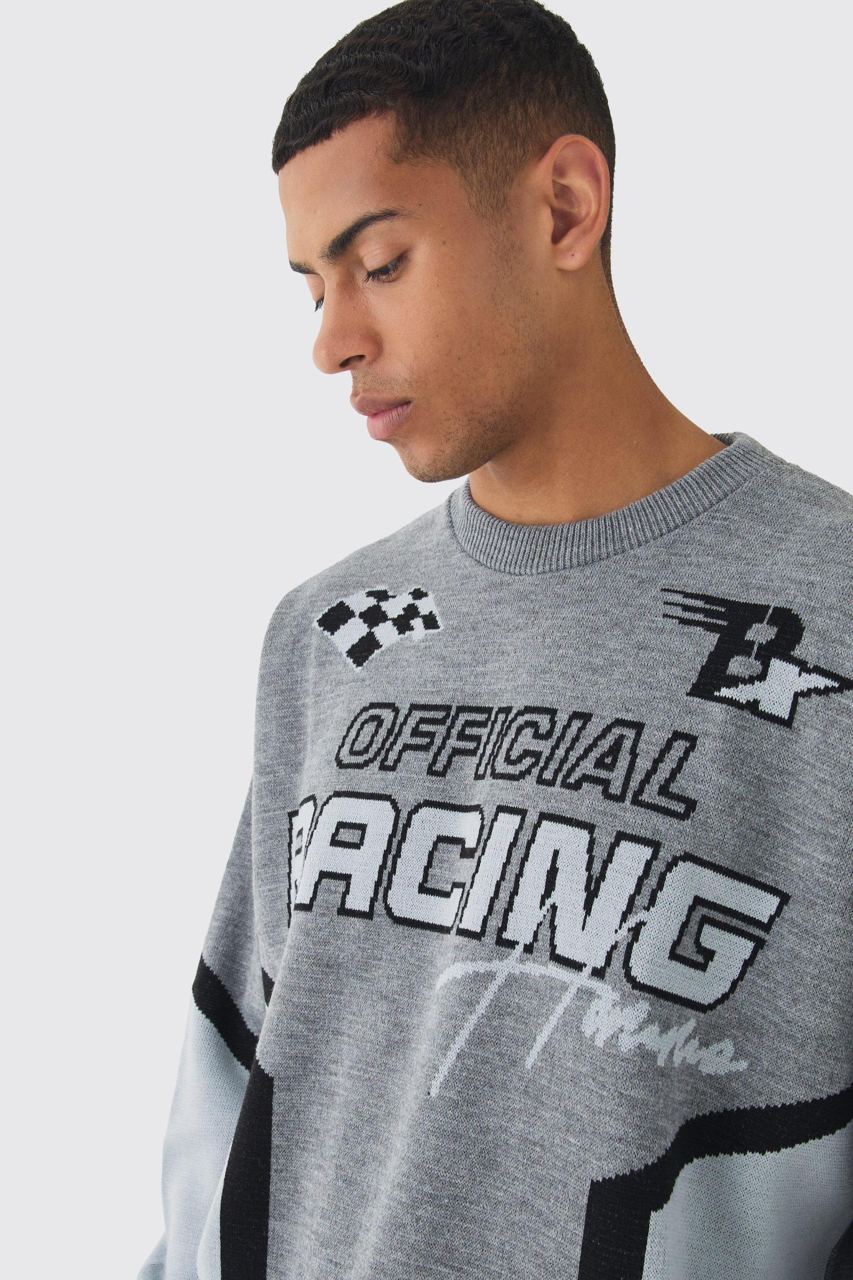 Oversized Boxy Moto Racing Knitted Sweater | boohooMAN USA Product Image