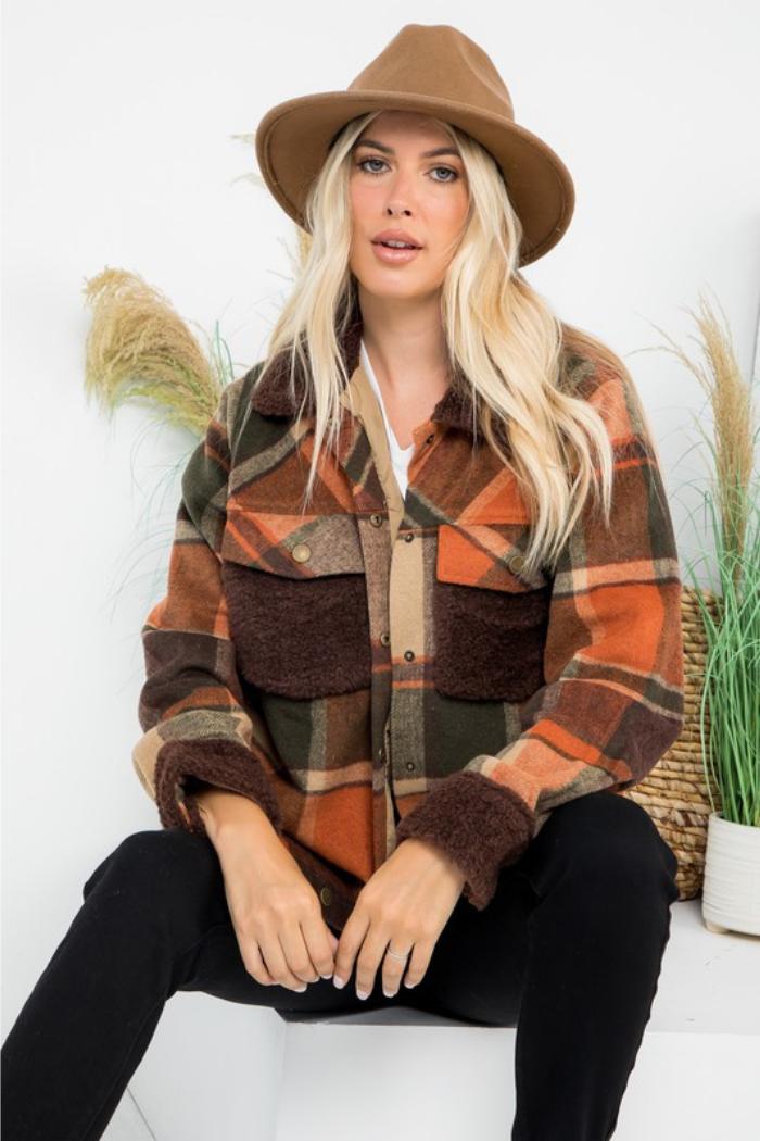 Plaid Wool-Like Shacket with Sherpa Contrast Product Image