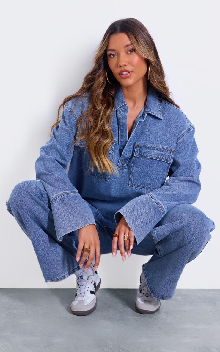 Vintage Blue Long Sleeve Slouchy Denim Rugby Shirt Product Image
