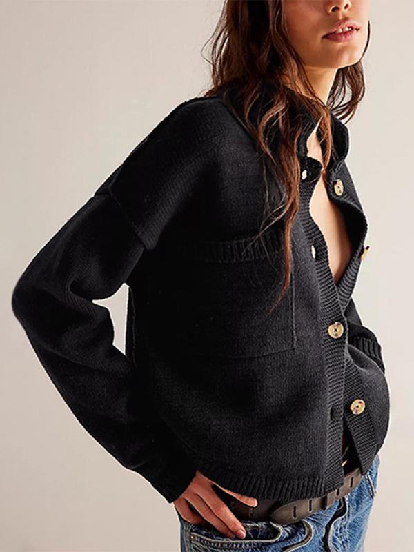 Long Sleeves Loose Buttoned Pockets Solid Color Split-Joint Stand Collar Cardigan Tops Product Image