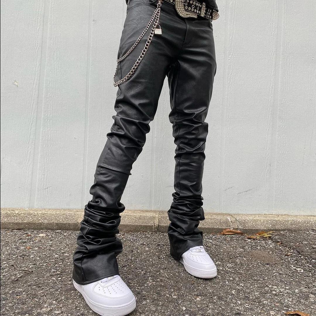 Essentials Streetwear Leather Skinny Flare Stacked Pants Product Image