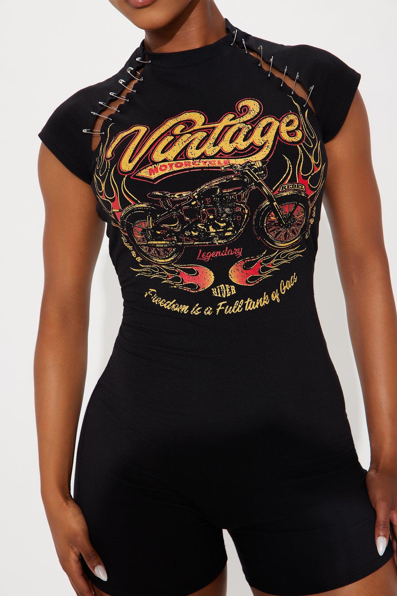 Vintage Motorcycle Short Sleeve Romper - Black Female Product Image