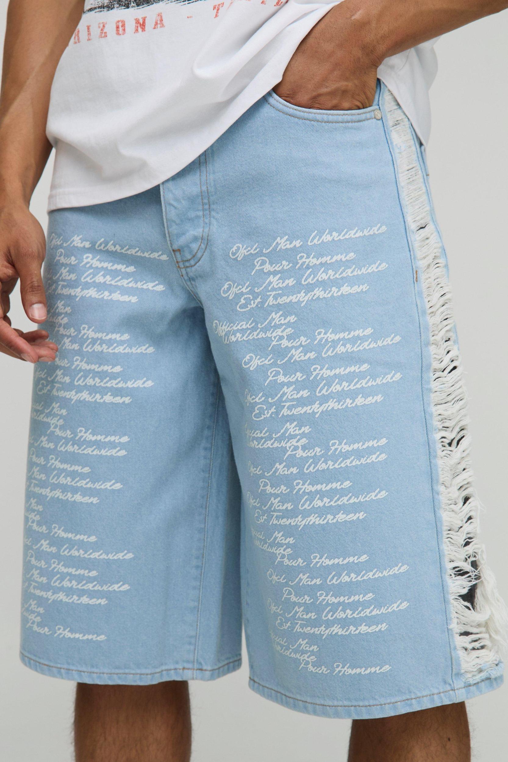 Longline Rigid Printed Distressed Gusset Jorts In Blue | boohooMAN USA Product Image