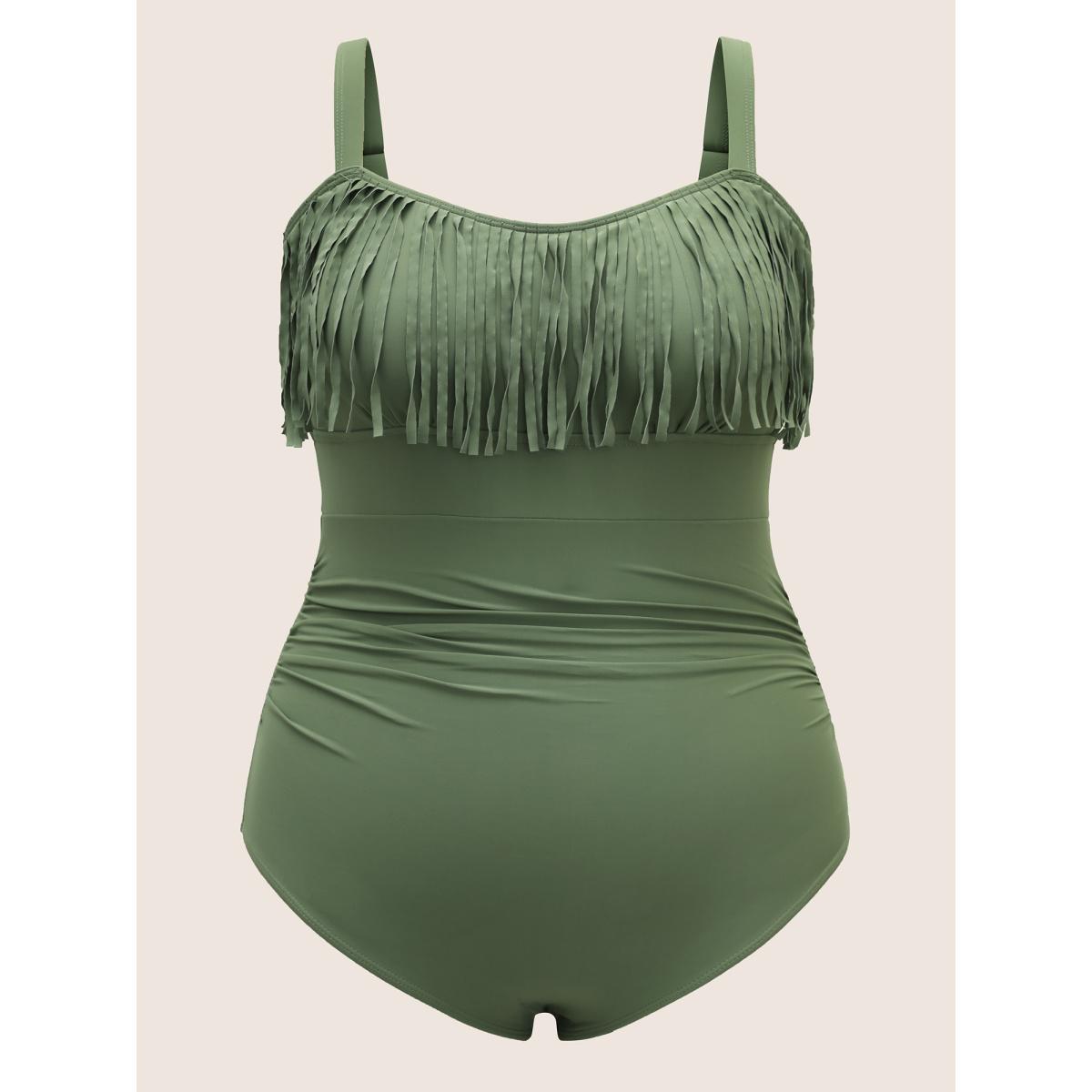 Plus Size Solid Patchwork Tassel Trim One Piece Swimsuit Women's Swimwear Sage Beach Gathered Curve Bathing Suits High stretch One Pieces BloomChic 22-24/3X Product Image