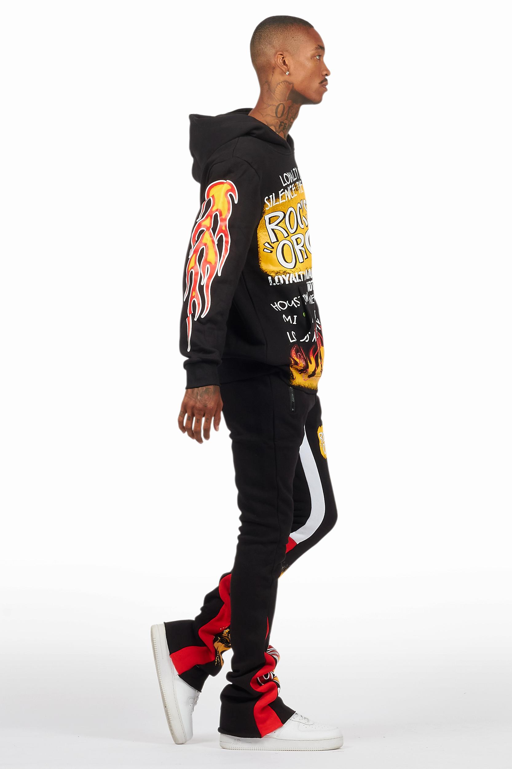 Beno Black/Yellow Stacked Flare Hoodie Track Set Male Product Image