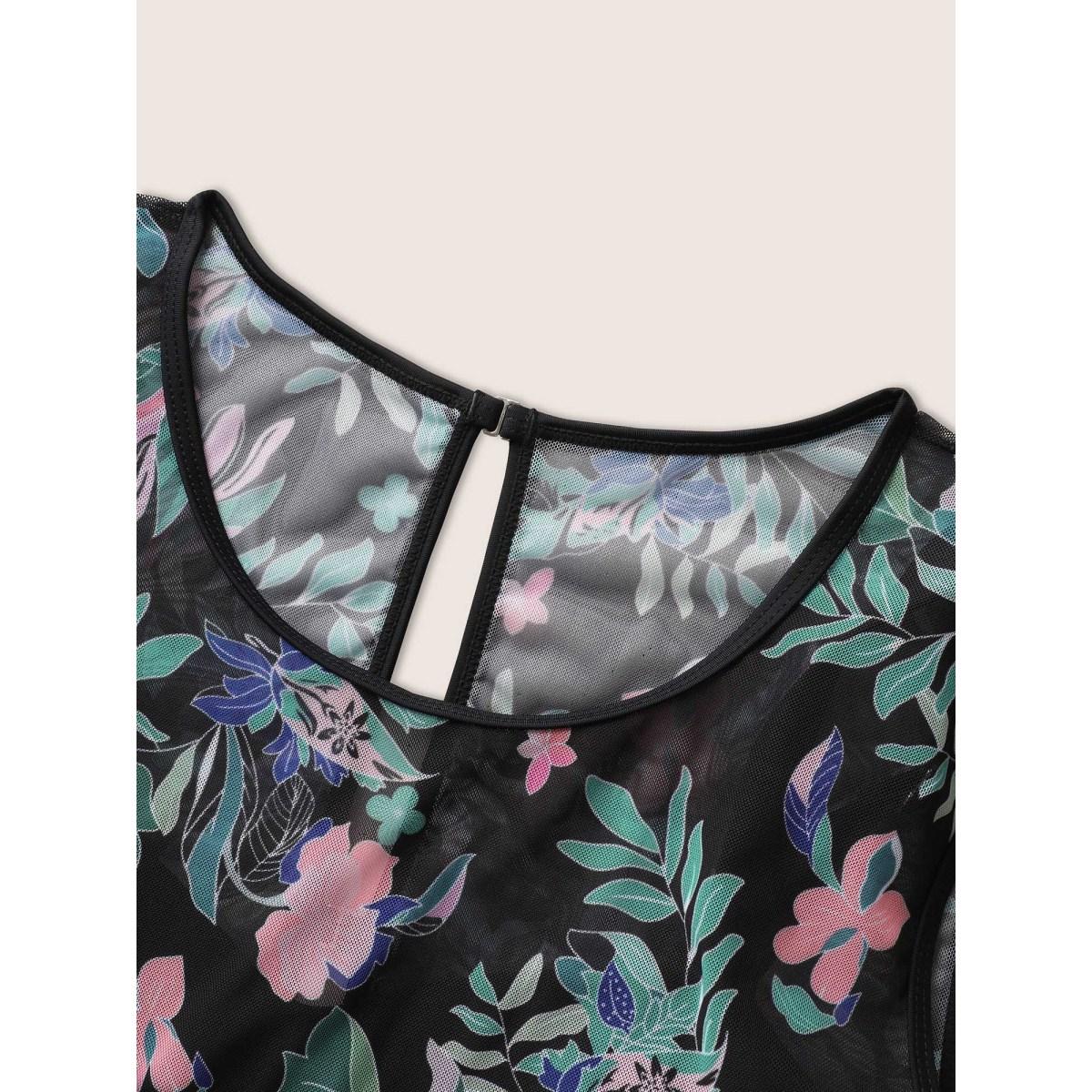 Plus Size U Neck Tropical Print See Through Swim Dress Women's Swimwear Black Beach Bodycon U-neck High stretch Curve Swim Dresses BloomChic 22-24/3X Product Image