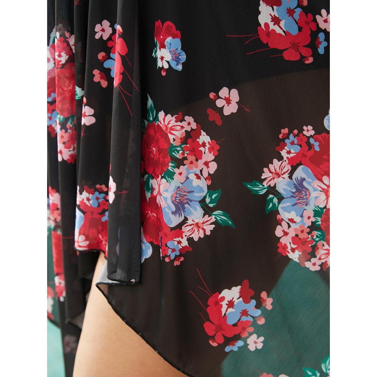 Plus Size Floral Cut Out Drawstring Hanky Hem Knotted Swim Dress Women's Swimwear BlackFlower Vacation Bodycon V-neck High stretch Curve Swim Dresses BloomChic 10/M Product Image