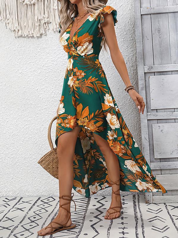 High-Low Loose Flower Print Split-Joint V-Neck Maxi Dresses Product Image