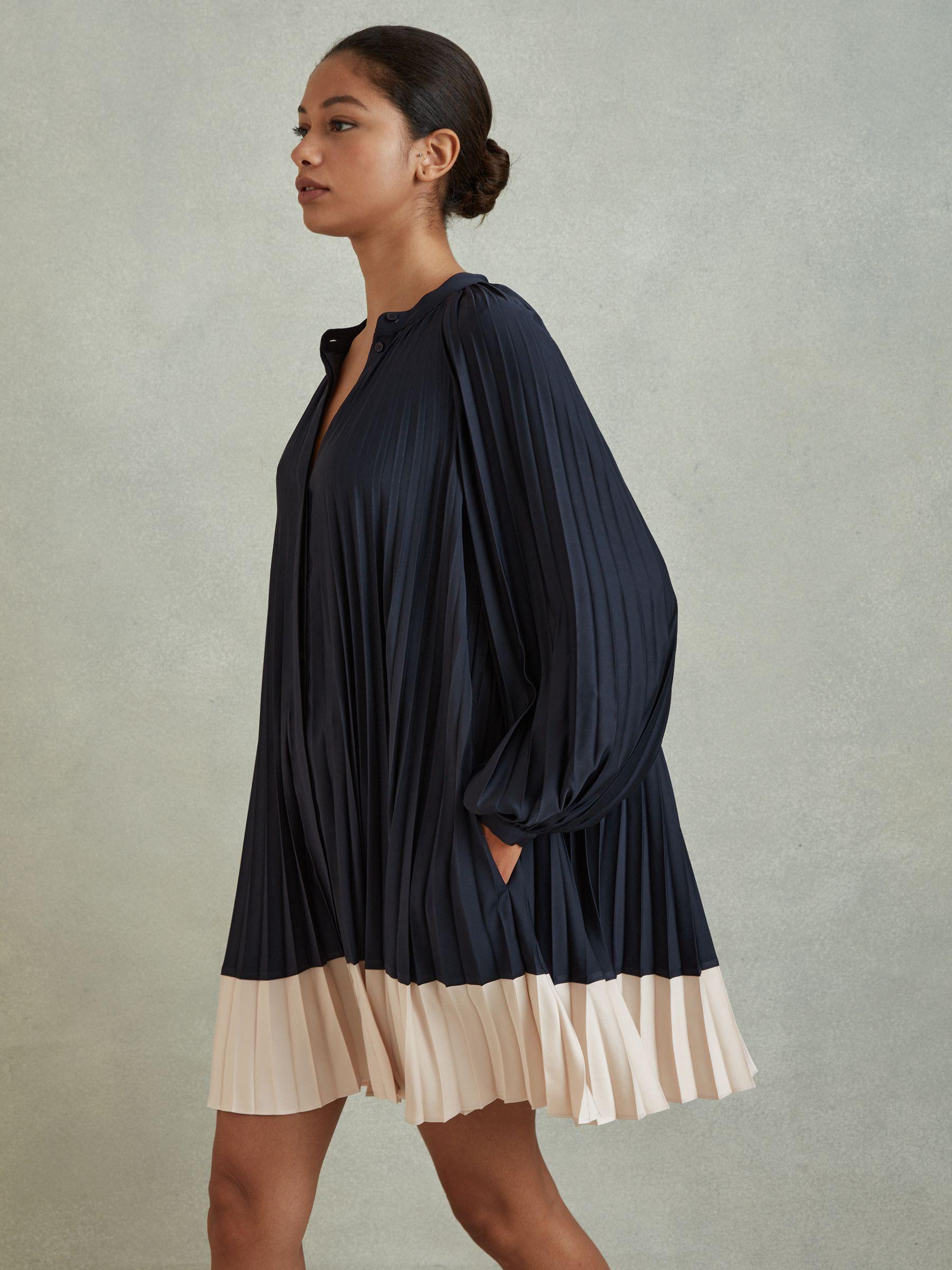 Pleated Colourblock Mini Dress in Navy/Blush Product Image