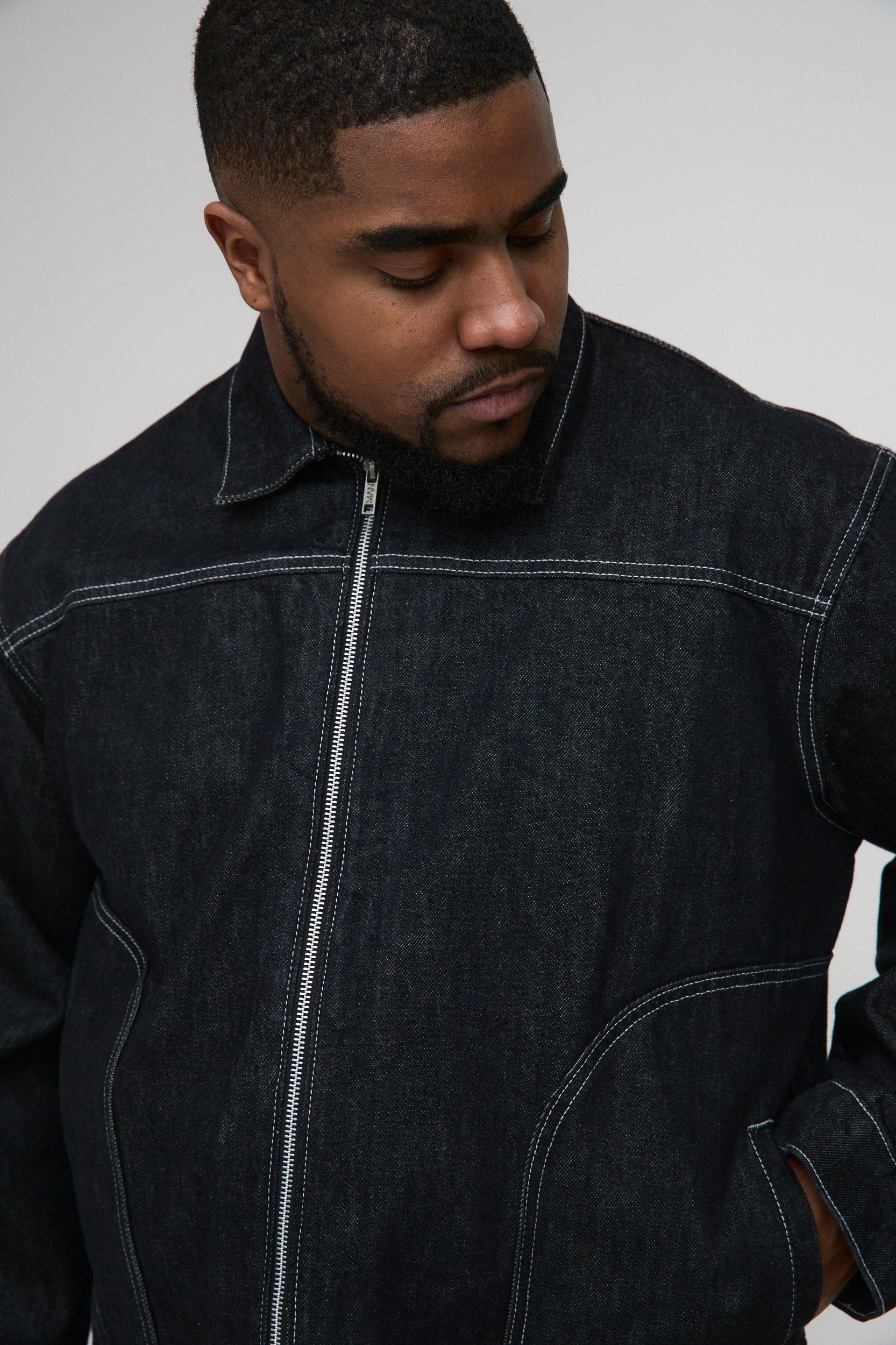 Plus Boxy Contrast Stitch Jean Jacket | boohooMAN USA Product Image