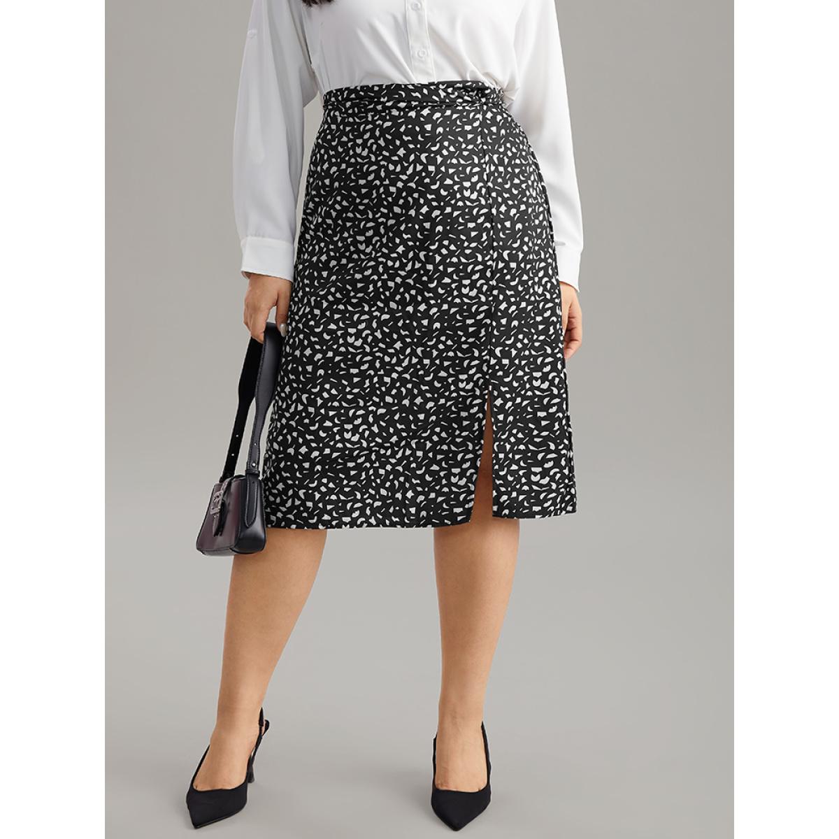 Plus Size Geometric Graphic Twist Front Split Side Skirt Women Black Office Slit Bodycon No stretch Work Skirts BloomChic 14-16/1X Product Image