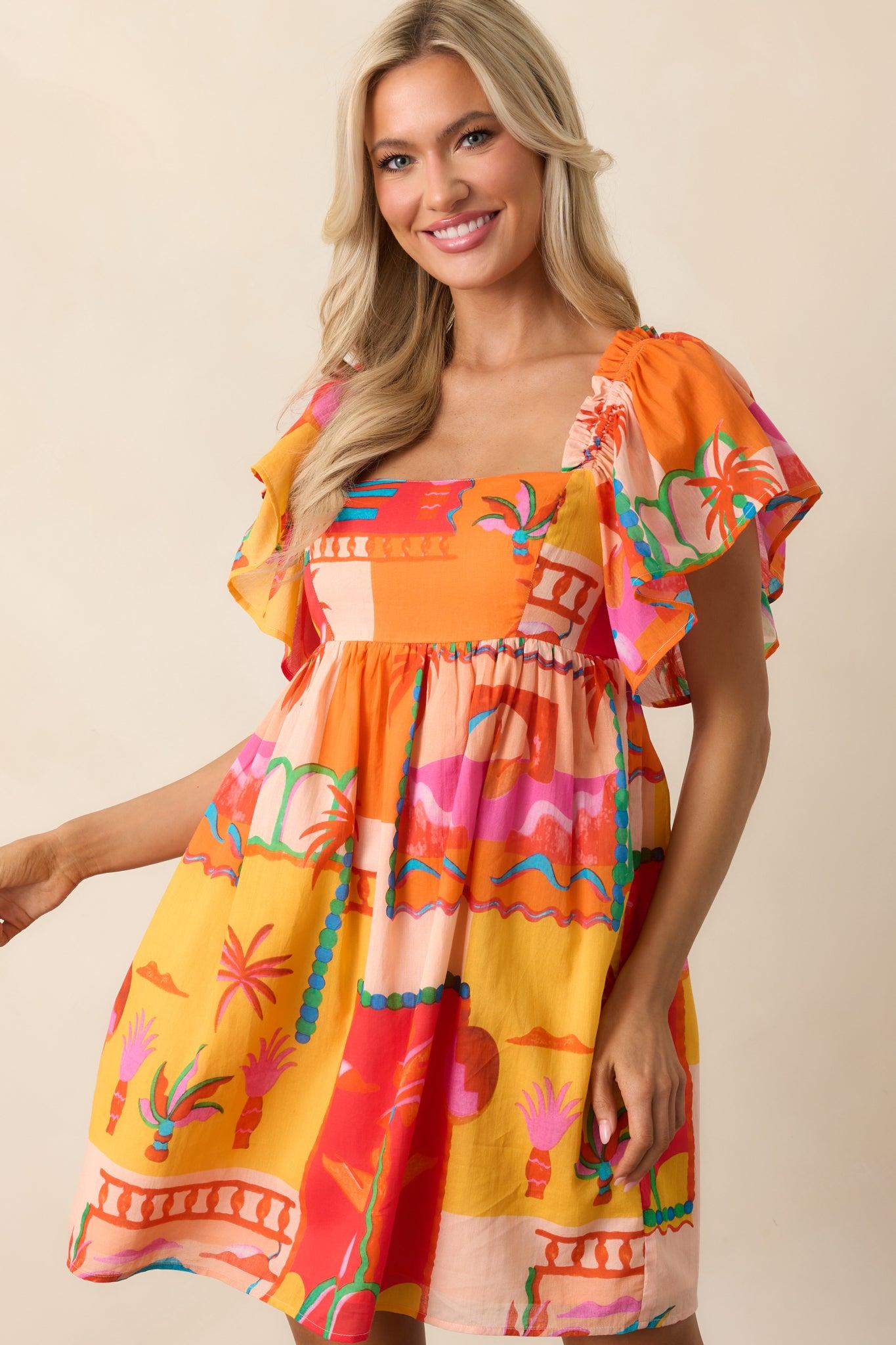 By The Shore Orange Tropical Print Cotton Mini Dress Product Image