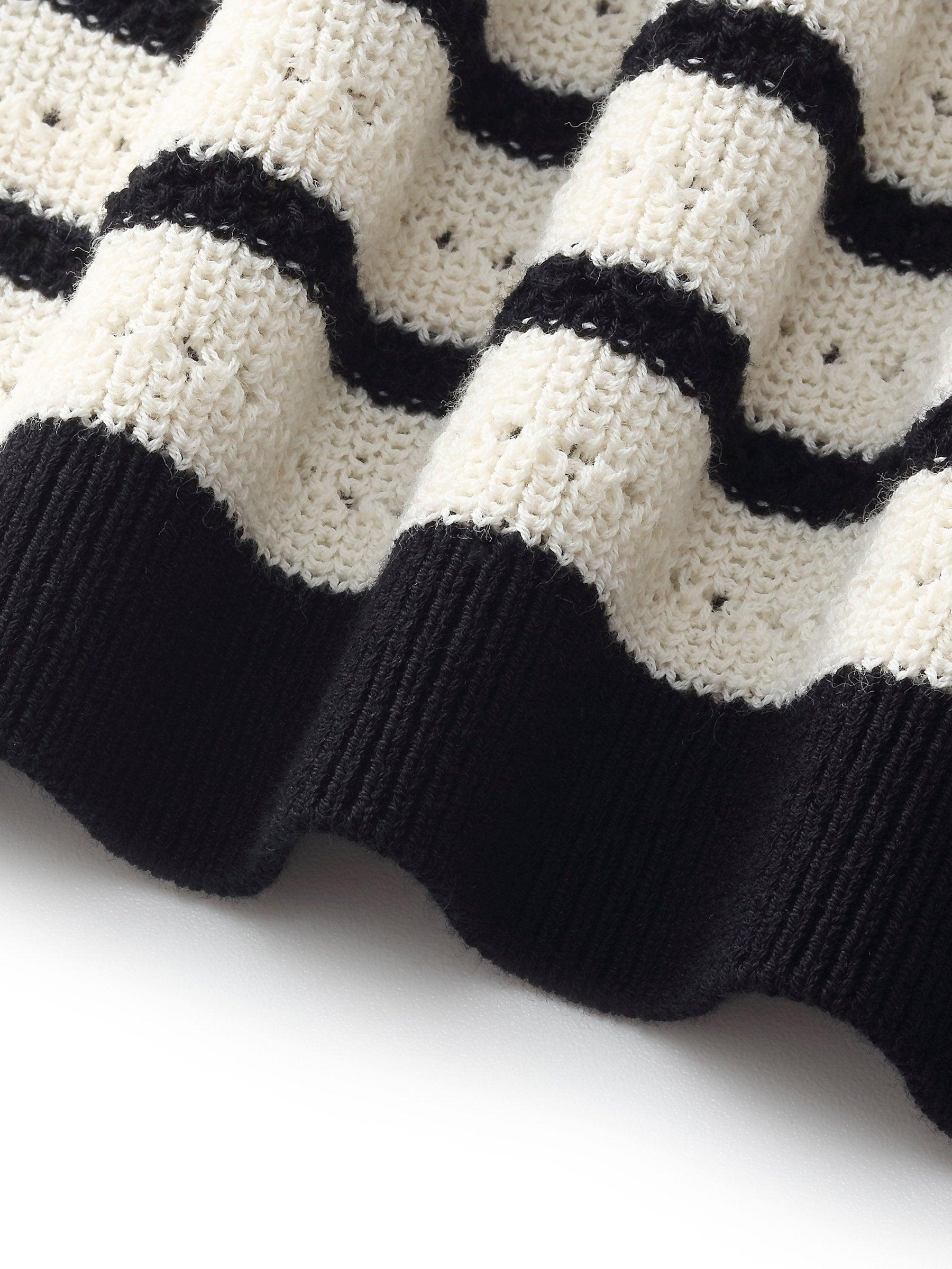 100% Cotton Stripe Women Openwork Knit T-Shirt Product Image