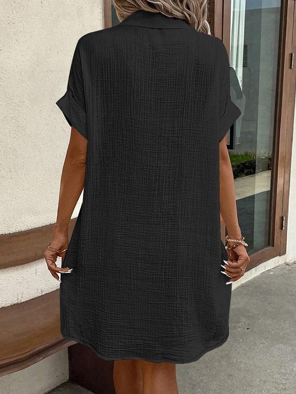 Loose Short Sleeves Pleated Split-Joint Lapel Mini Dresses Shirt Dress Product Image