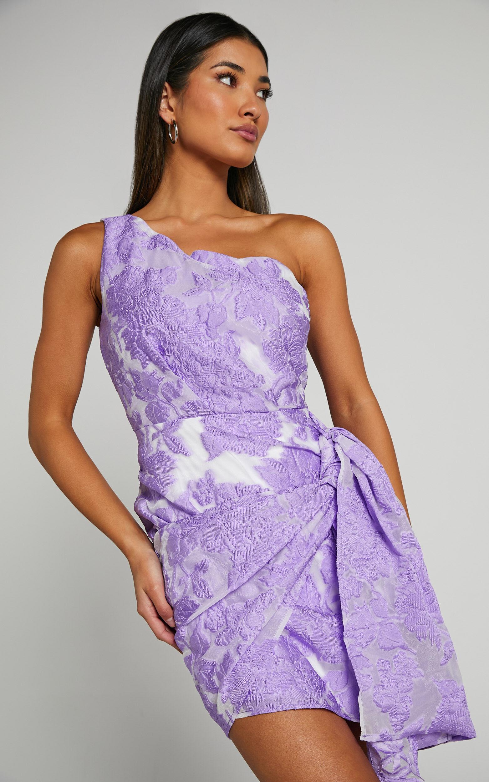 Brailey Mini Dress - One Shoulder Wrap Front Dress in Purple Jacquard Product Image