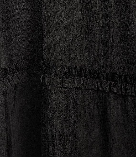 Chelsea & Violet Plisse Satin Ruffle Deep V-Neck Long Smocked Cuff Sleeve Tiered Maxi Dress Product Image