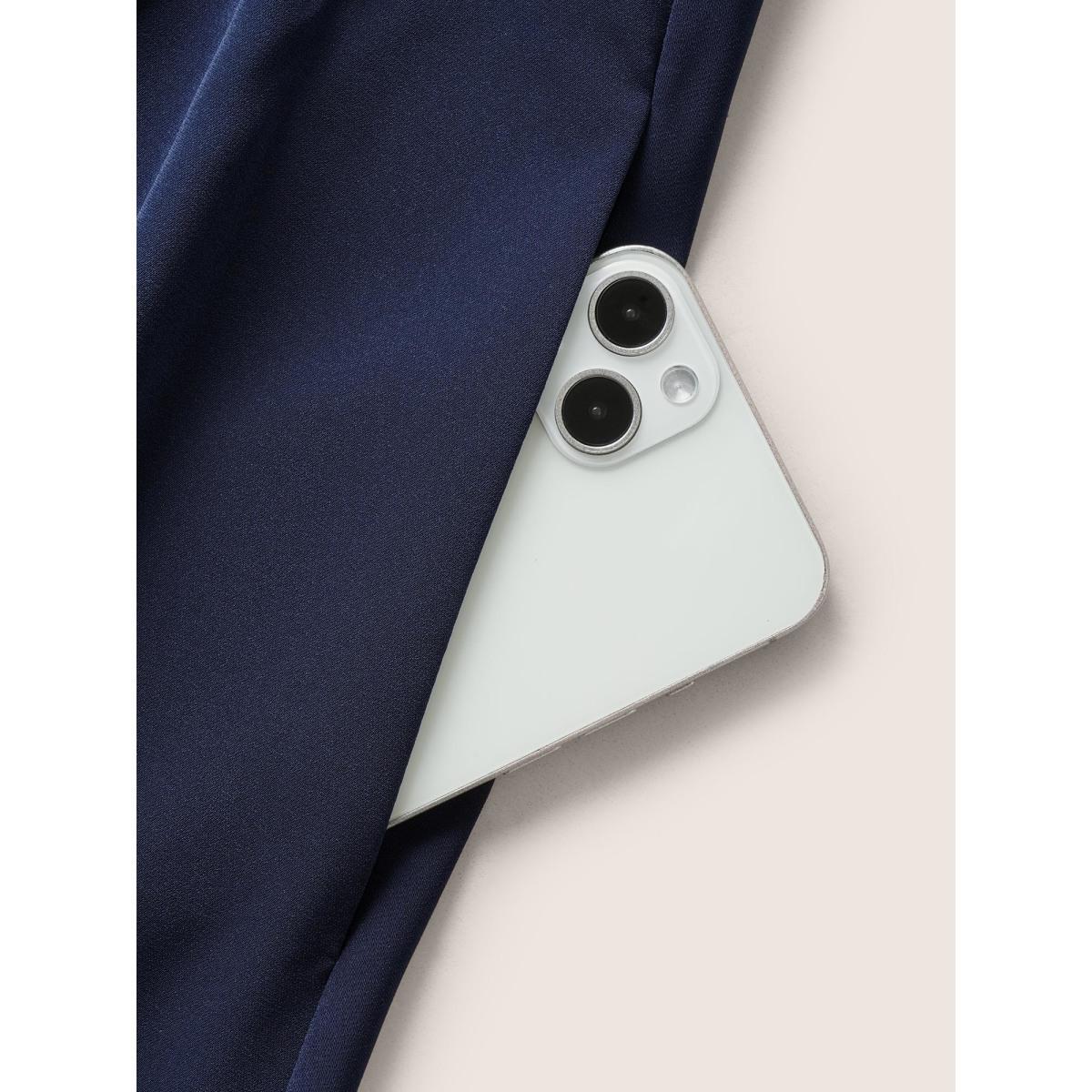 Plus Size Plain Pleated Button Through Cap Sleeve Dress Indigo Women At the Office Gathered Shirt collar Cap Sleeve Curvy Midi Dress BloomChic 10/M Product Image