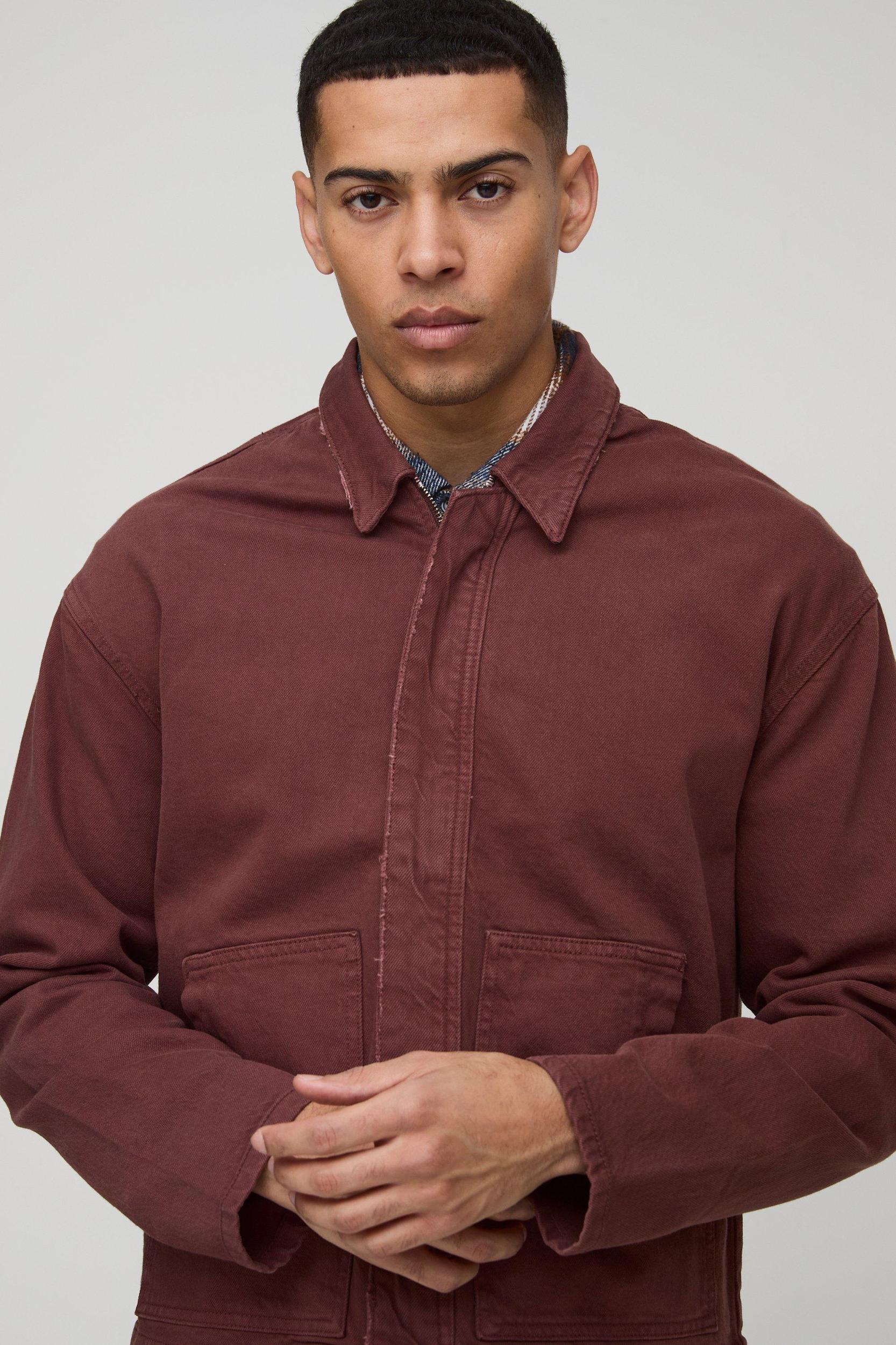 Oversized Boxy Distressed Twill Shirt Jacket | boohooMAN USA Product Image