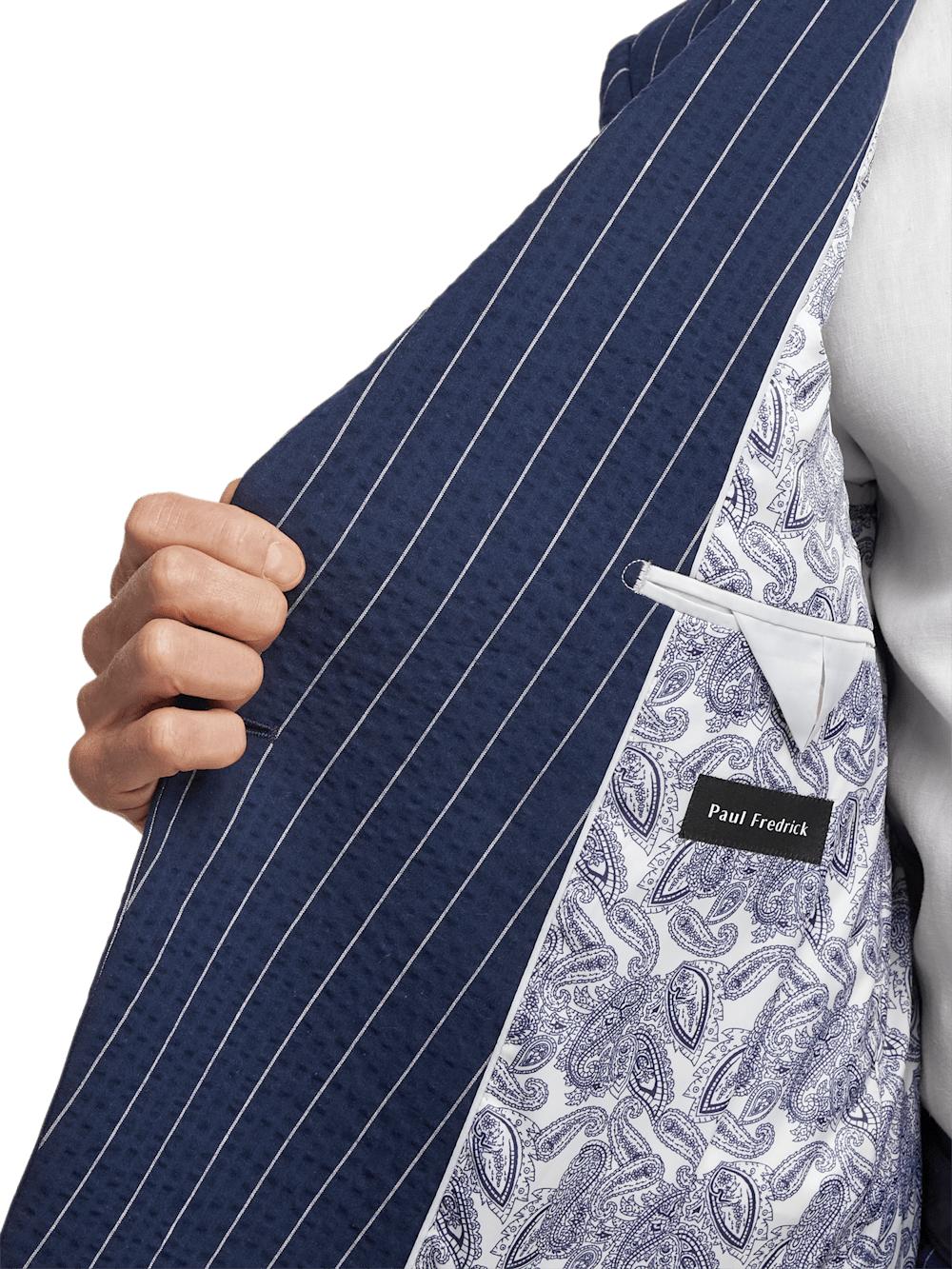 Cotton Stretch Pinstripe Seersucker Double Breasted Peak Lapel Suit Jacket - Navy Product Image