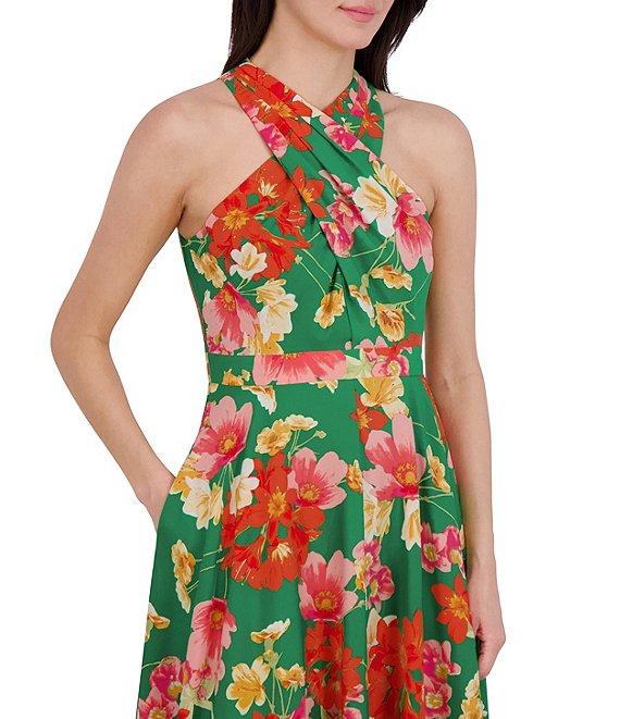 Vince Camuto Floral Print Halter Neckline Sleeveless High-Low Midi A-Line Dress Product Image