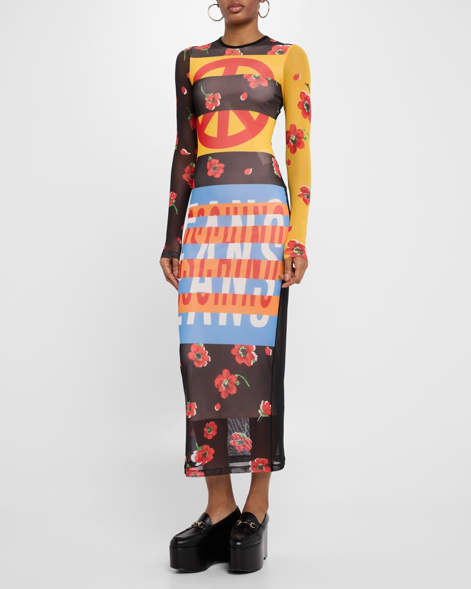 Long-Sleeve Printed Mesh Maxi Dress Product Image