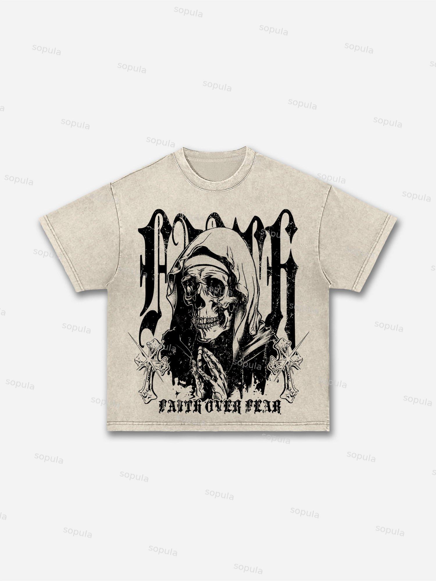 Skull Faith Over Fear Print Acid Wash T-shirt Product Image