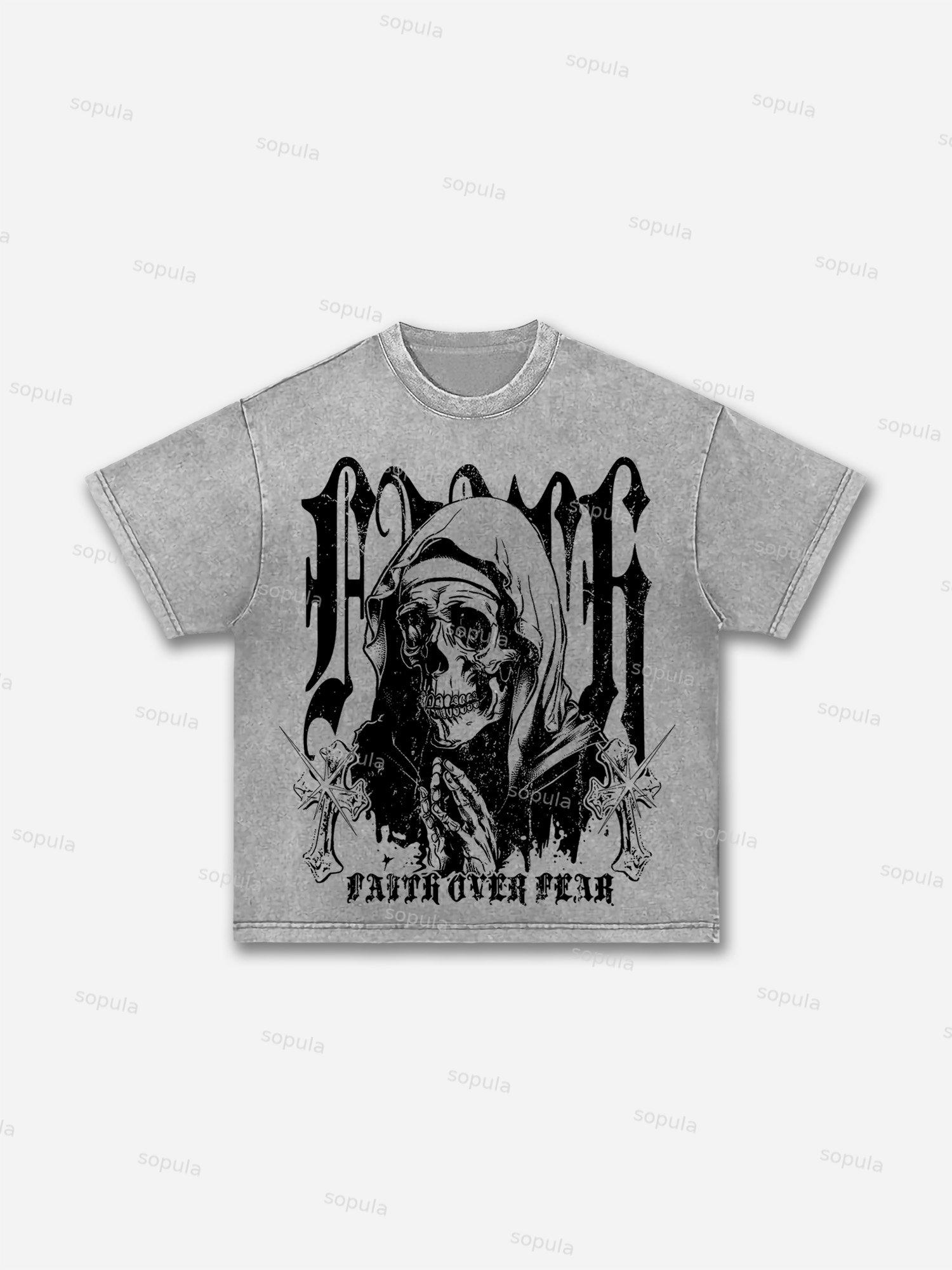 Skull Faith Over Fear Print Acid Wash T-shirt Product Image
