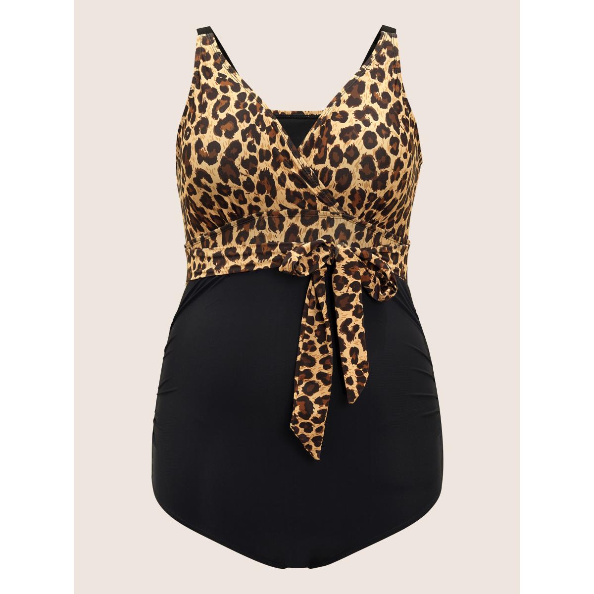 Plus Size Leopard Patchwork Bowknot Side One Piece Swimsuit Women's Swimwear Leopard Beach Non Curve Bathing Suits High stretch One Pieces BloomChic 28/5X Product Image