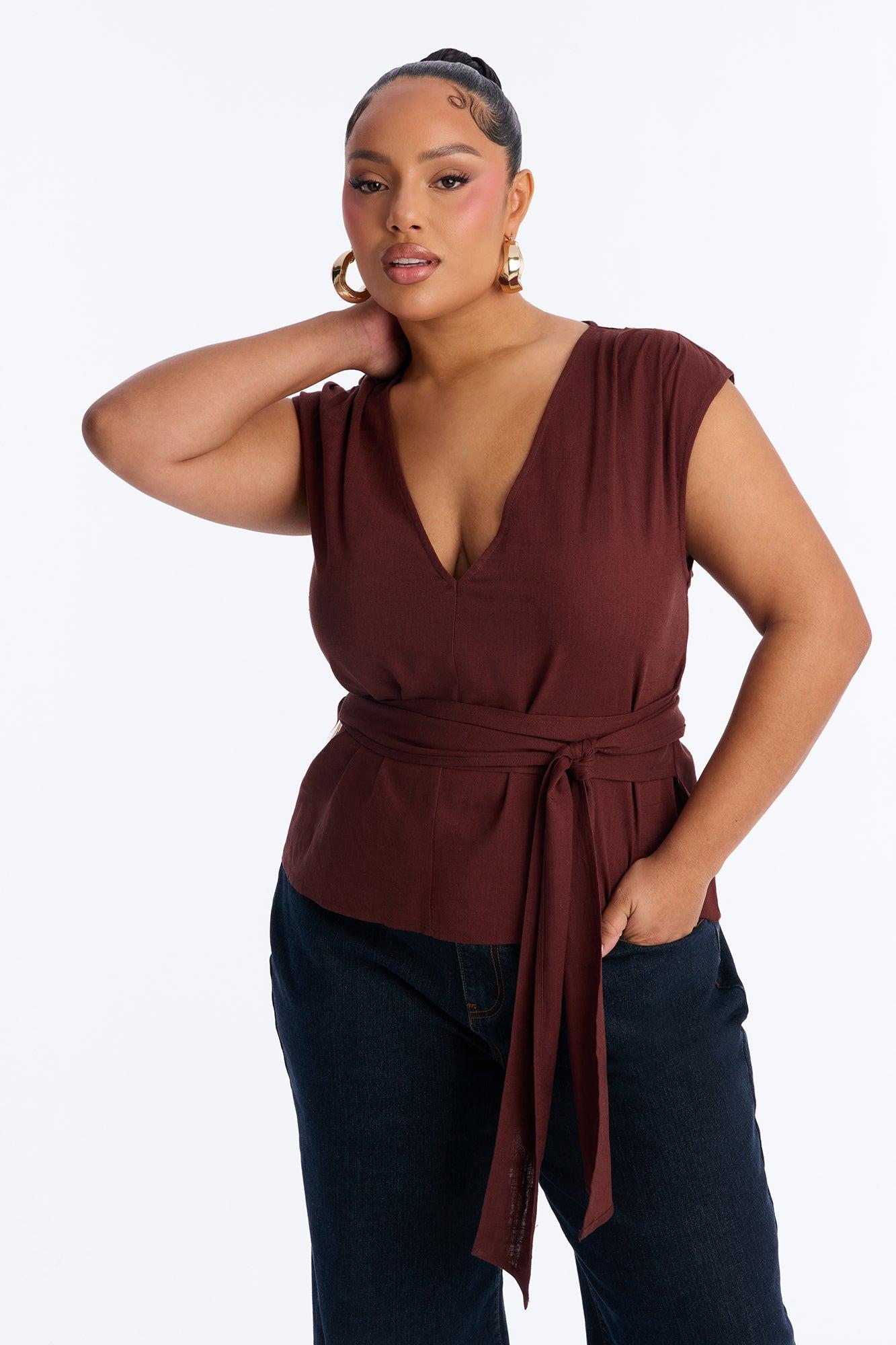 Lyra Belted Linen Top - Chocolate Female Product Image