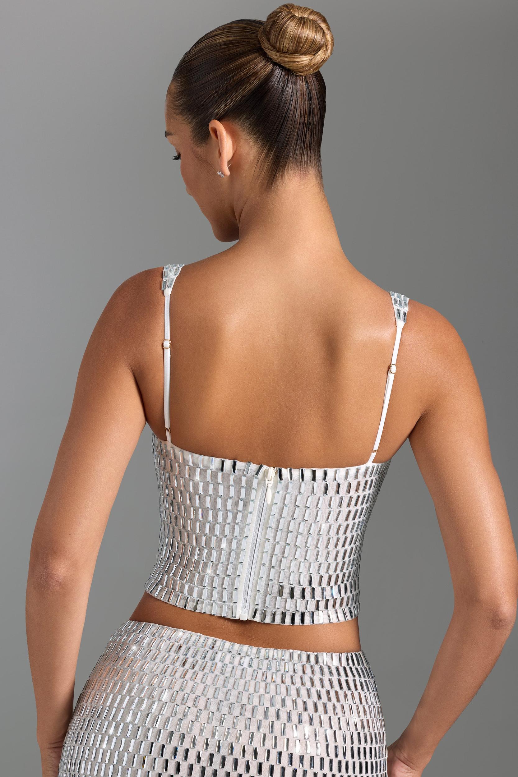 Embellished Square-Neck Top in White Product Image