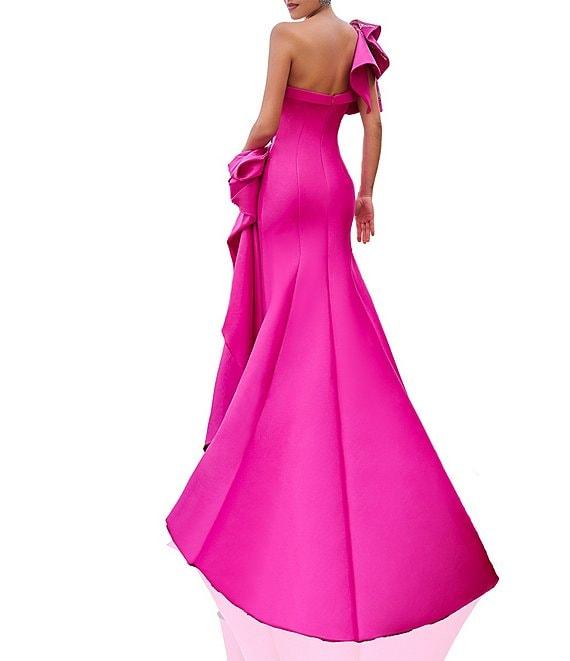 Terani Couture Mikado One Shoulder Ruffle Sleeve Sequin Applique Gathered Side Slit Gown Product Image