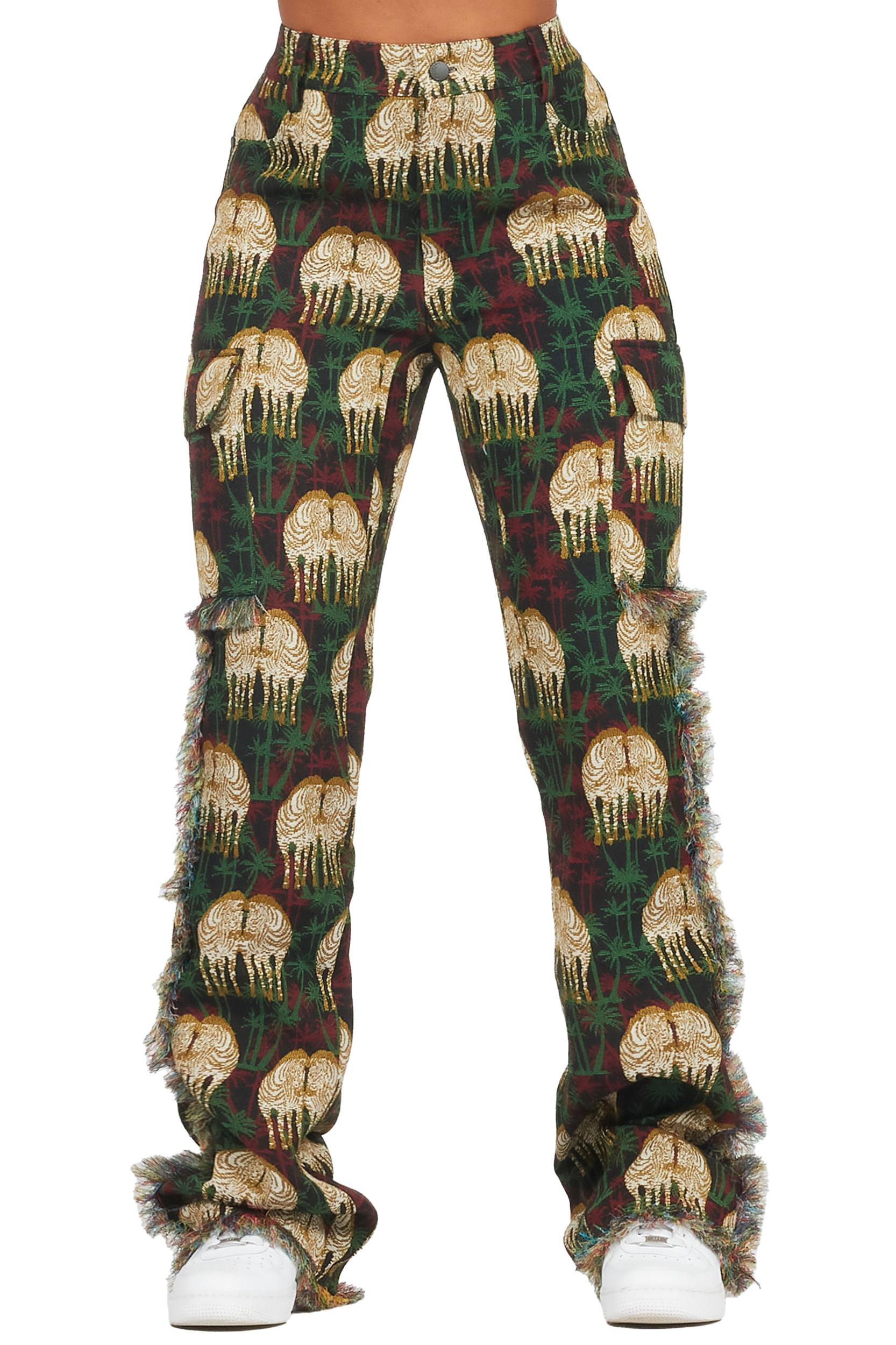 Zeontee Black Animal Print Cargo Tapestry Stacked Pant Female Product Image