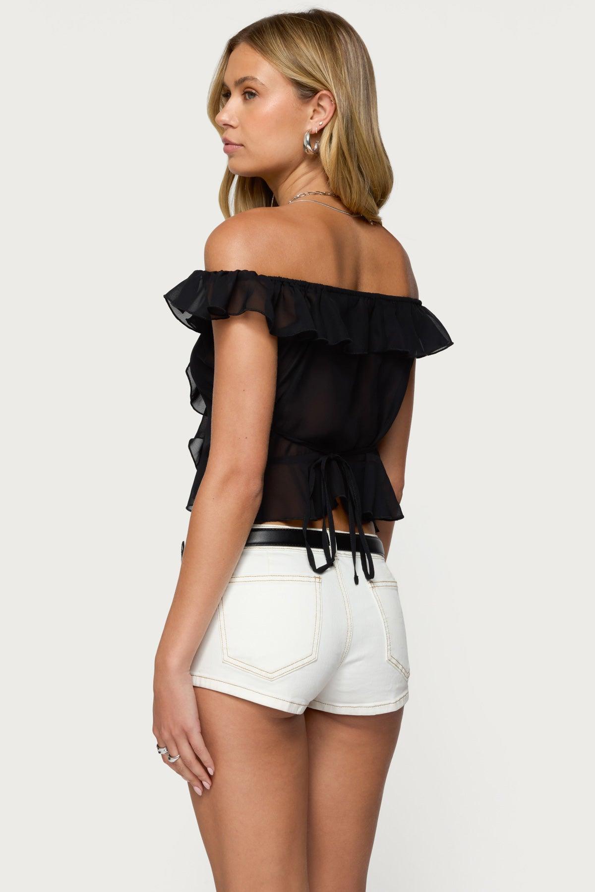 Sheer Chiffon Ruffled Off Shoulder Top Product Image