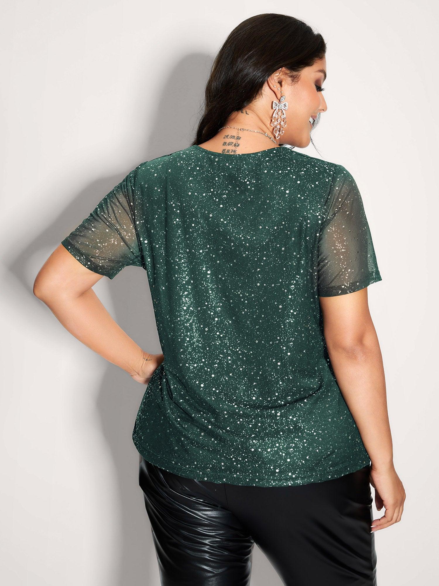 Shimmery Wrap Neck Sheer Sleeve T-Shirt Female Product Image