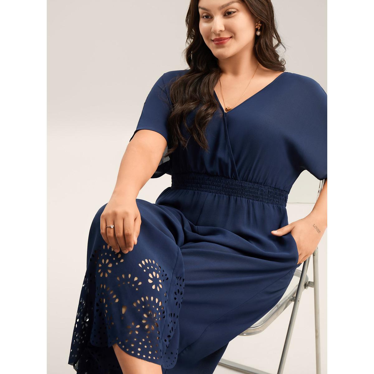Plus Size Navy Laser-Cut Hem Shirred Wide-Leg Jumpsuit Women Romantic Short sleeve V-neck Elegant Loose Jumpsuits BloomChic 22-24/3X Product Image