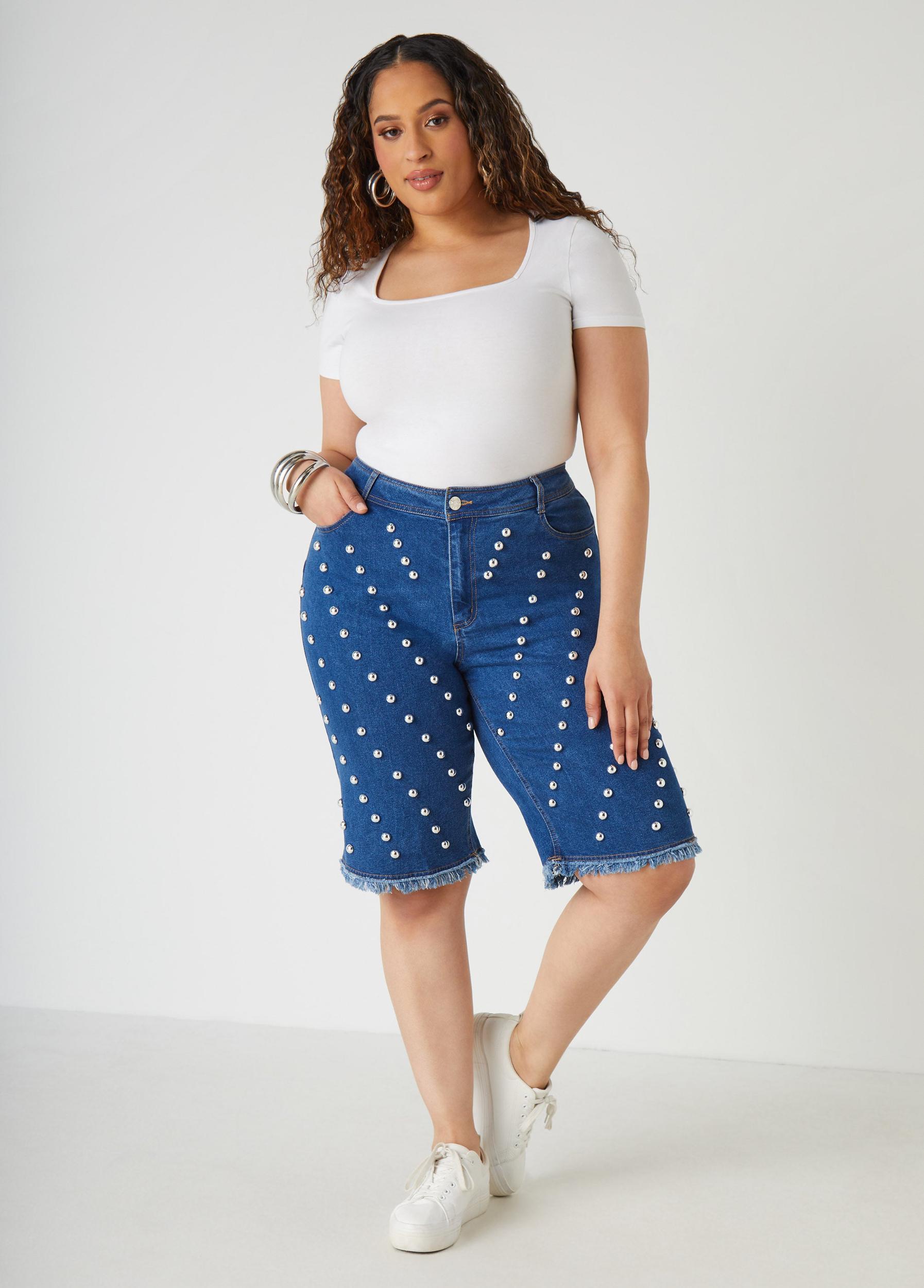 Plus Size Studded Denim Bermuda Shorts Ashley Stewart Product Image