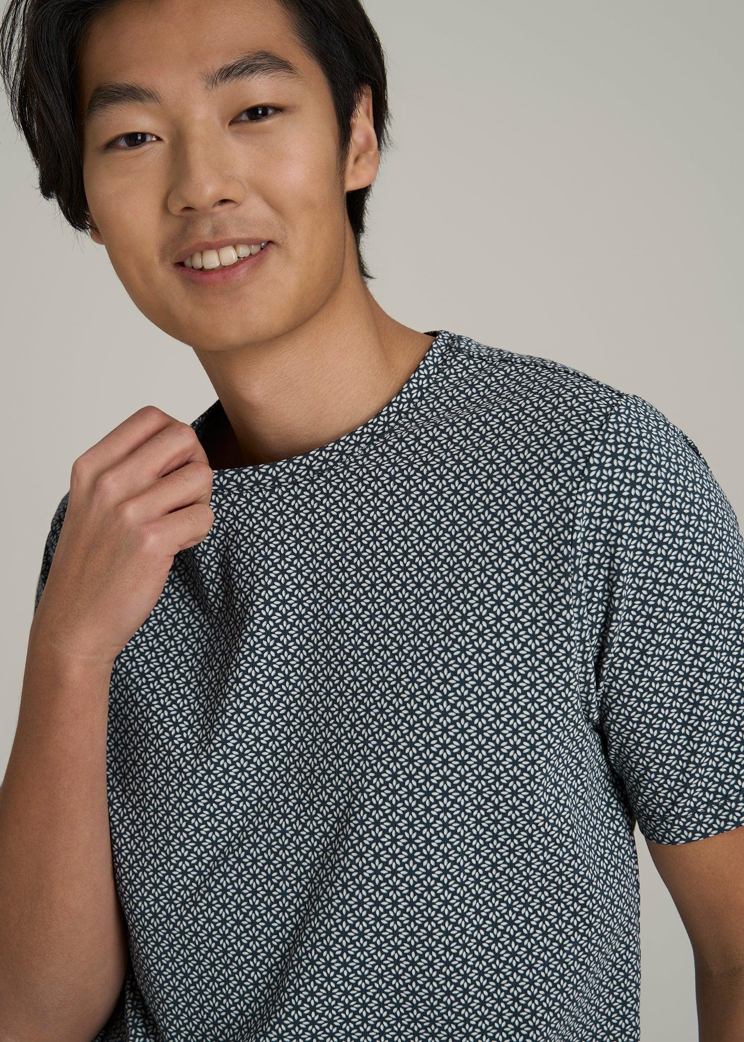 Stretch Pima Cotton Printed Tee for Tall Men in Grey and Blue Geometric Male Product Image