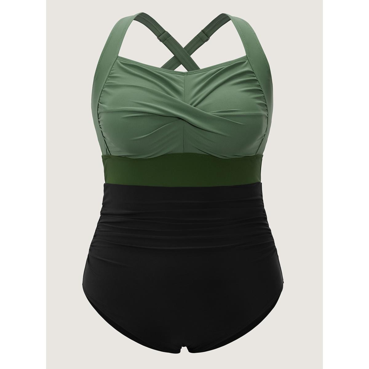 Plus Size Contrast Twist Front Tummy-Control One Piece Swimsuit Women's Swimwear ArmyGreen Resort Non Curve Bathing Suits High stretch One Pieces BloomChic 12/L Product Image
