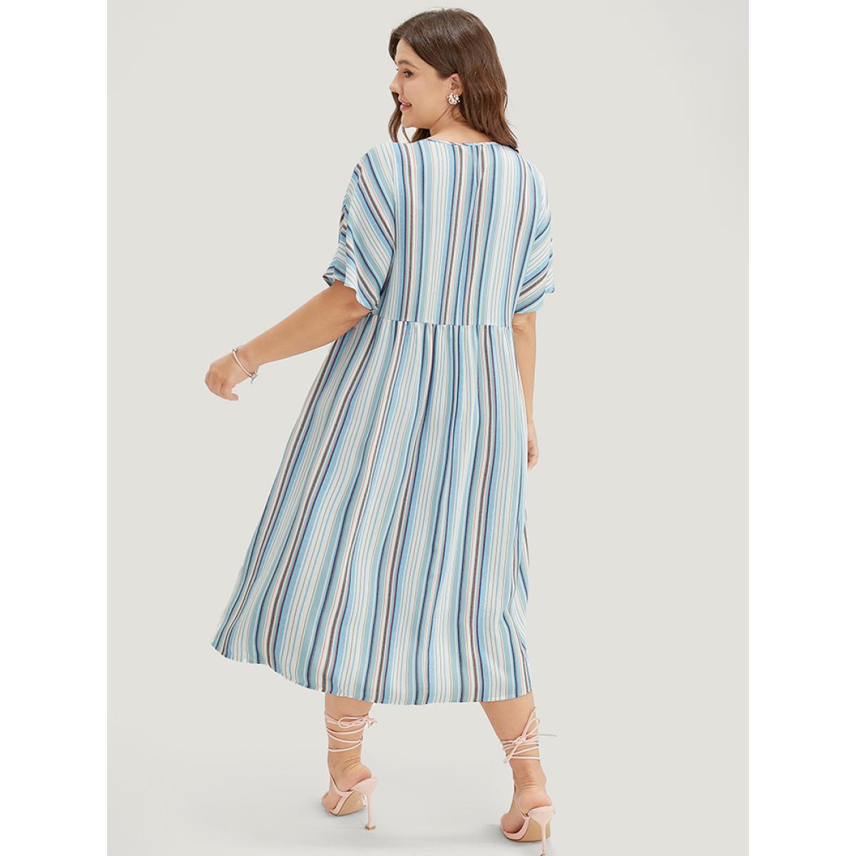 Plus Size Striped Contrast Pocket Lace Batwing Sleeve Midi Dress Blue Women Vacation Patchwork V-neck Short sleeve Curvy Midi Dress BloomChic 14-16/1X Product Image