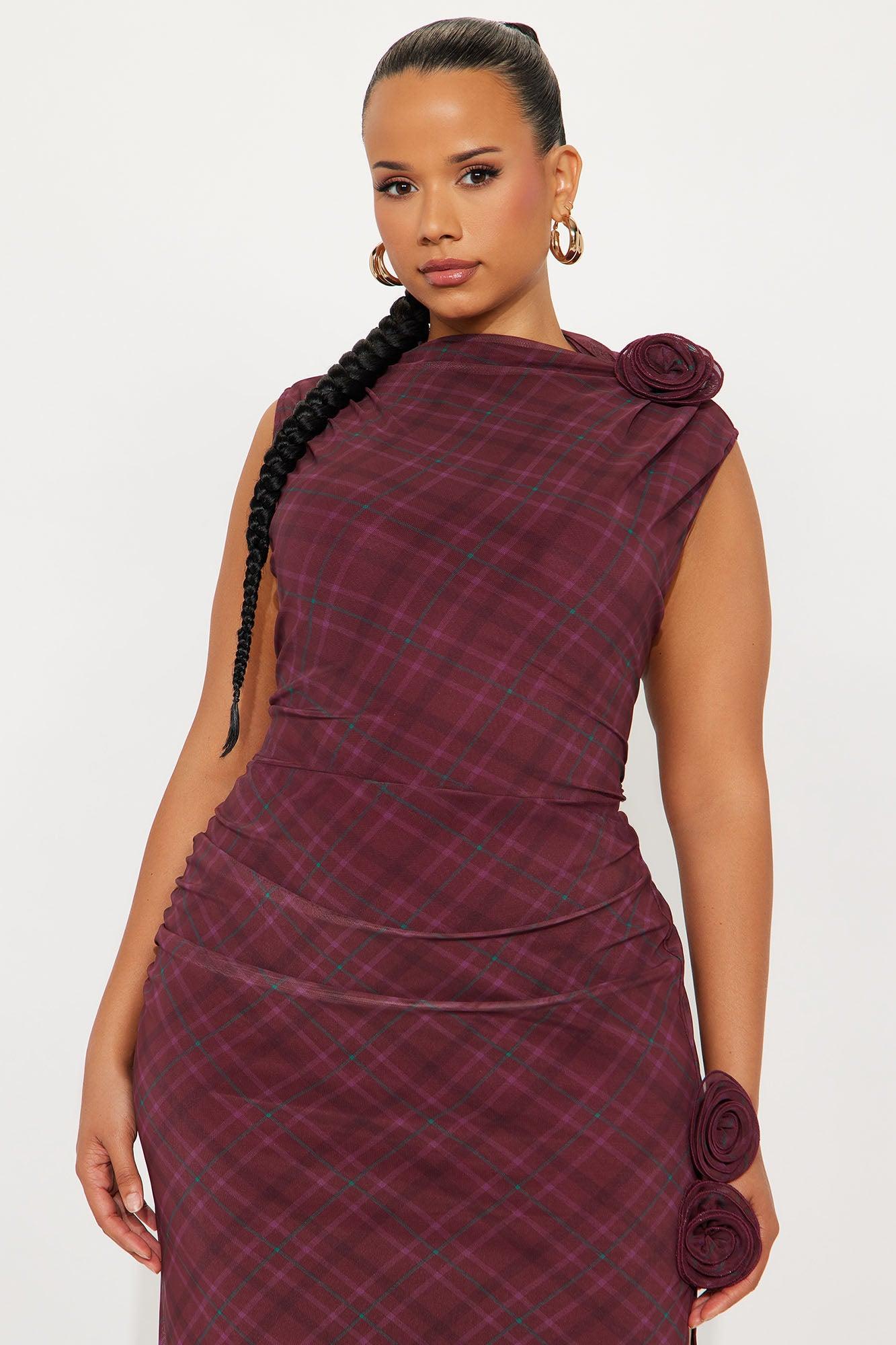 Rosie Ruched Plaid Mini Dress - Burgundy Female Product Image