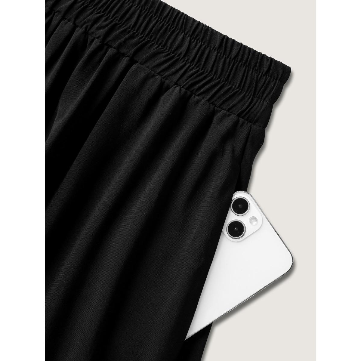 Plus Size Shirred Lace Trim Pleated Midi Skirt Women Pureblack Loose No stretch Side seam pocket Office Skirts BloomChic 18-20/2X Product Image